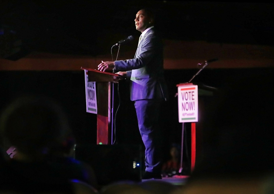 <strong>Shelby County Mayor Lee Harris addresses the crowd during the People's Convention on June 8, 2019, at the Paradise Entertainment Center as politicians, activists and engaged voters gather to select a slate of candidates in the local October elections.</strong> (Jim Weber/Daily Memphian)