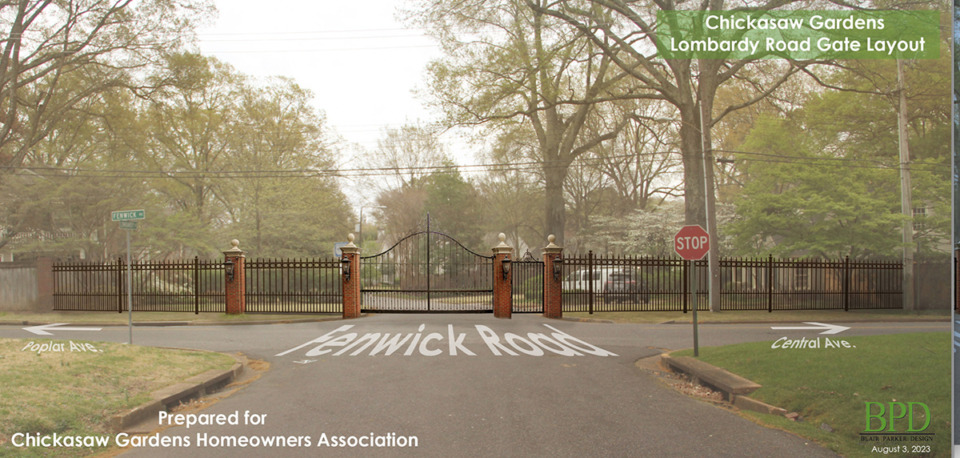 <strong>This rendering shows one of the gates Chickasaw Gardens wants at an entrance to their neighborhood.</strong> (Courtesy Blair Parker Design)