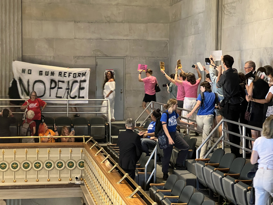 <strong>Gun-reform advocates chant &ldquo;you&rsquo;ve done nothing&rdquo; after the Tennessee Senate concluded its Wednesday, Aug. 23, 2023, session. It is unclear if more legislation will pass before the expected end of the special session Thursday.</strong> (Ian Round/The Daily Memphian)