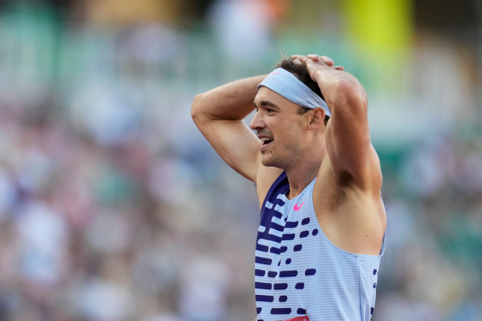 <strong>Harrison Williams reacts after winning the men's decathlon during the U.S. track and field championships in Eugene, Ore., Friday, July 7, 2023.</strong> (AP File Photo/Ashley Landis)