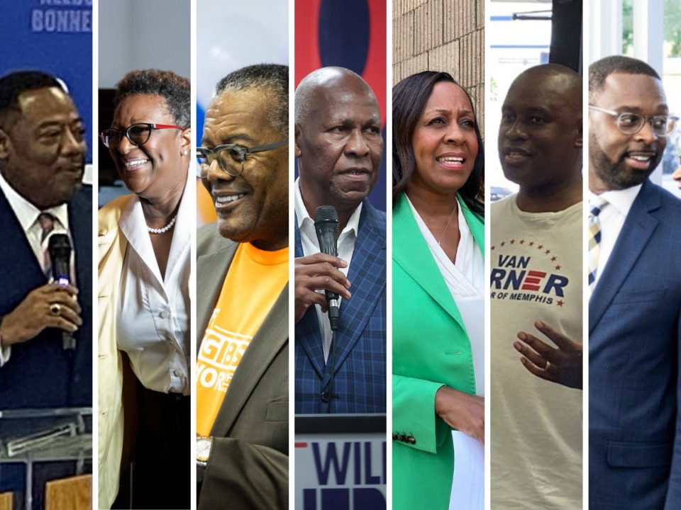 <strong>From left to right: Floyd Bonner, Karen Camper, J.W. Gibson, Willie Herenton, Michelle McKissack, Van Turner and Paul Young are all running to be the next mayor of Memphis.</strong>&nbsp;(The Daily Memphian files)