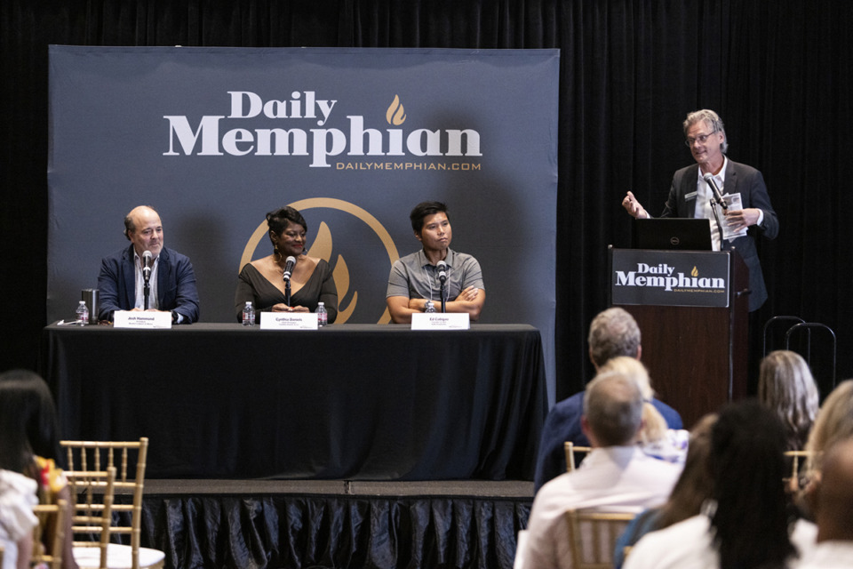 <strong>(From left) Josh Hammond, president of Buster&rsquo;s Liquors and Wines; Cynthia Daniels, chief strategist of Cynthia Daniels and Co.; and Ed Cabigao, founder and CEO of SOB Hospitality, answer questions at Thursday&rsquo;s Daily Memphian Small Business Seminar at the Memphis Botanic Garden. Eric Barnes, CEO of The Daily Memphian, stands at right.</strong> (Brad Vest/Special to The Daily Memphian)