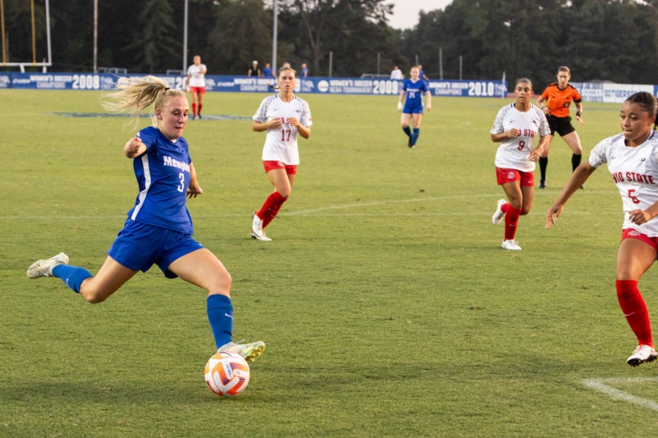 <strong>Memphis Tigers&rsquo; Anna Hauer attempts a shot during Thursday night&rsquo;s game against Ohio State Aug. 24.&nbsp;Hauer got the team on the board in the 18th minute.</strong> (Brad Vest/Special to The Daily Memphian)