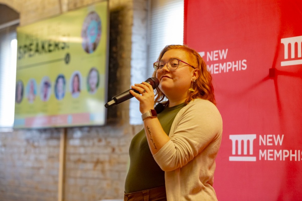 <strong>Alyssa Gregory-Violi speaks Aug. 24 at &ldquo;Spillit: Baggage Claim,&rdquo; an event dedicated to celebrating educators.</strong>&nbsp;(Ziggy Mack/Special to The Daily Memphian)