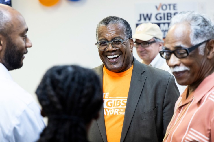 <strong>Mayoral contender J.W. Gibson speaks to a crowd of supporter during the grand opening of his campaign headquarters at 6635 Quince Road Aug. 5.</strong> (Brad Vest/Special to The Daily Memphian)