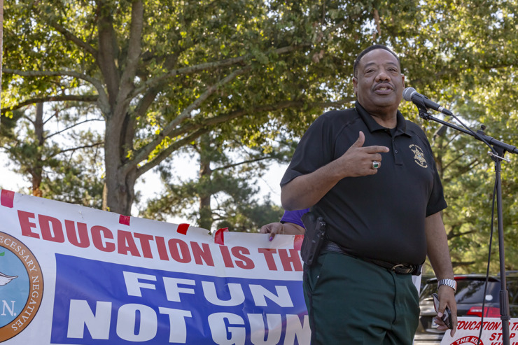 <strong>Shelby County Sheriff Floyd Bonner Jr. speaks at Memphis Shelby Crime Commission's eighth annual &ldquo;Guns Down Don&rsquo;t Shoot: A Walk Against Gun Violence" in Westwood July 15.</strong> (Ziggy Mack/Special to The Daily Memphian)