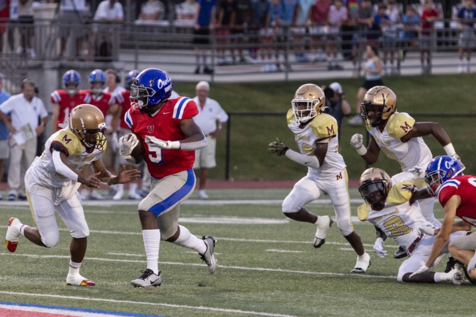 <strong>Memphis University School&rsquo;s Tee Perry rushes against Melrose at MUS on Friday, Aug. 25, 2023.</strong> (Brad Vest/Special to The Daily Memphian)