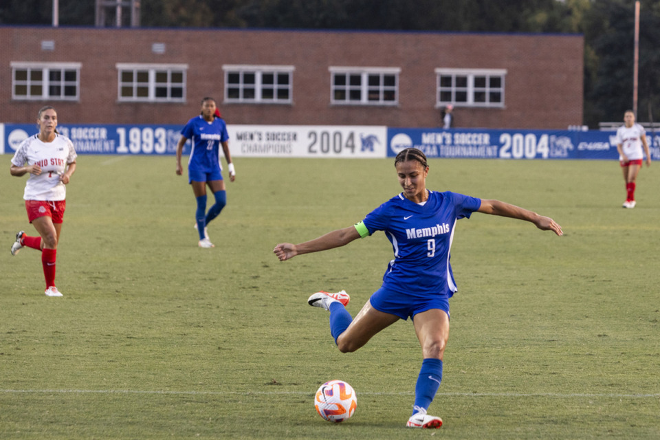 <strong>Memphis&rsquo; Mya Jones crosses the ball during a game versus Ohio State Thursday, Aug. 24. The midfielder was listed on the 2023 Mac Hermann Trophy Watchlist.</strong> (Brad Vest/Special to The Daily Memphian)