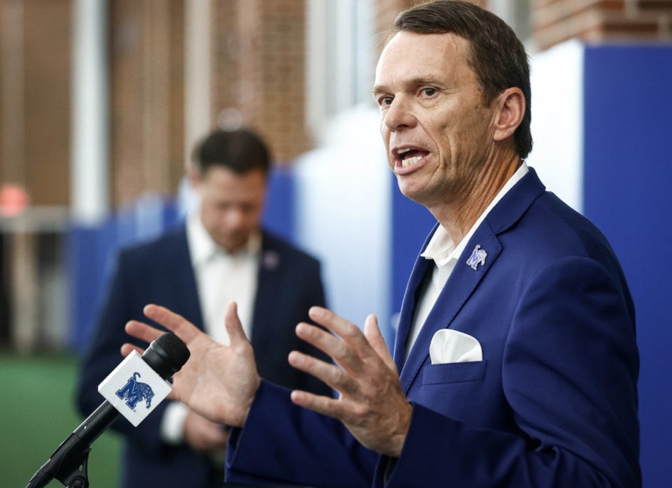 <strong>University of Memphis President Bill Hardgrave speaks during a press conference on Monday, Aug. 28, 2023.</strong> (Mark Weber/The Daily Memphian)