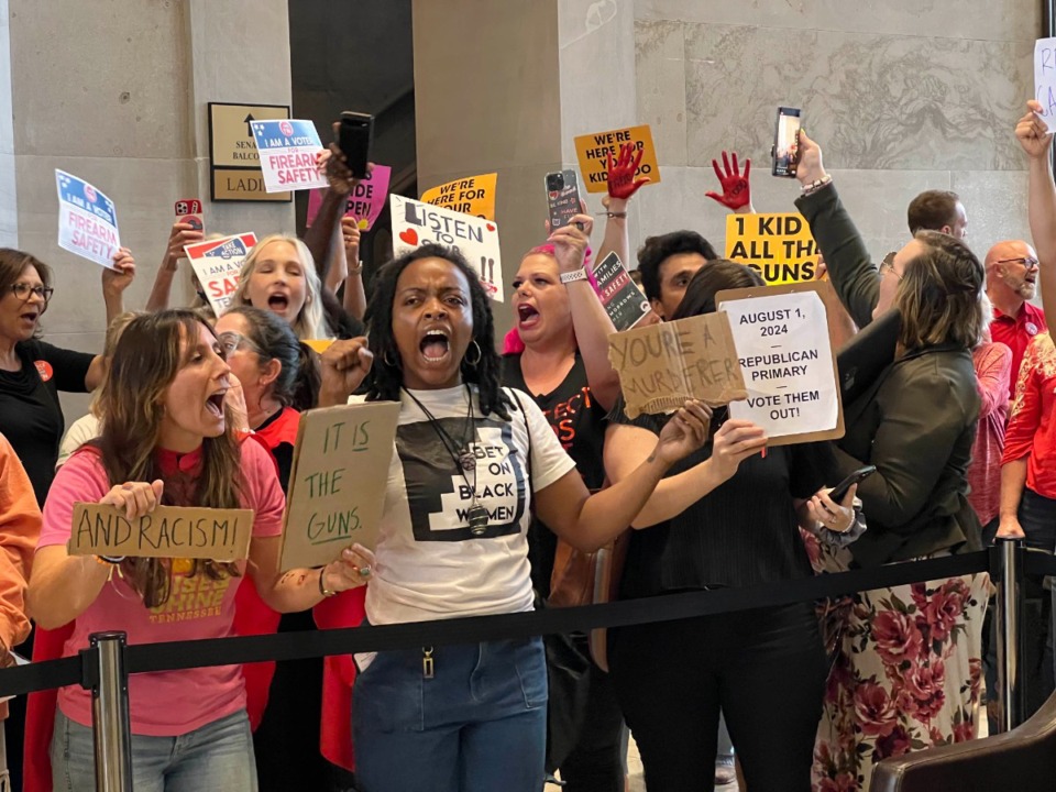 <strong>Supporters of gun reform protest in the Tennessee Capitol rotunda after House Speaker Cameron Sexton, R-Crossville, ordered them out of the gallery and silenced Rep. Justin Jones, D-Nashville.</strong> (Ian Round/The Daily Memphian)