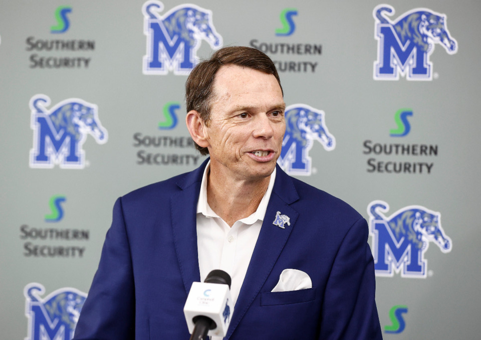 <strong>University of Memphis President Bill Hardgrave says the Tigers are still pushing for a new conference home during a press conference on Monday, Aug. 28, 2023.</strong> (Mark Weber/The Daily Memphian)