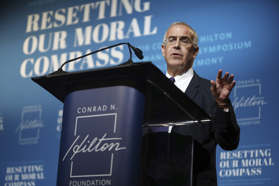 <strong>New York Times opinion columnist David Brooks delivers remarks at the 2018 Hilton Humanitarian Symposium and Prize Ceremony at The Beverly Hilton in Beverly Hills, Calif. Friday, Oct. 19, 2018.</strong> (Matt Sayles/AP Images for Conrad N. Hilton Foundation file)