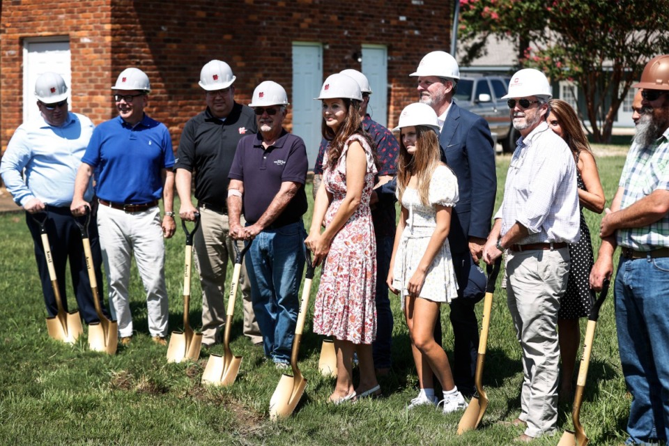 <strong>Property owner Barbara Devivo (middle) attend a a groundbreaking ceremony for a mixed-use project coming to Arlington on Tuesday, Aug. 29, 2023.</strong> (Mark Weber/The Daily Memphian)