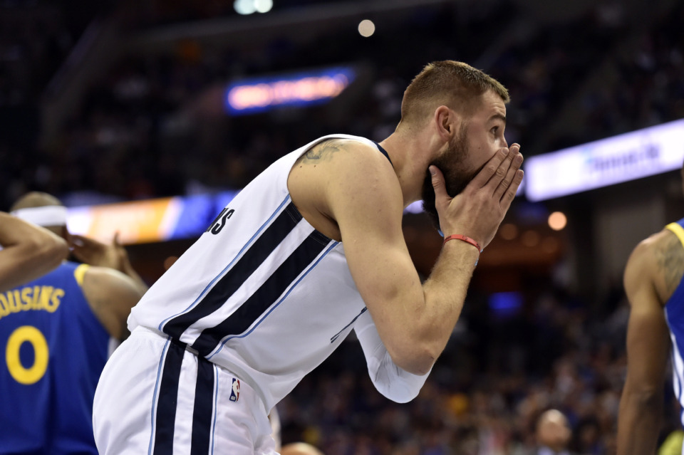 <span><strong>Memphis Grizzlies center Jonas Valanciunas reacts after being called for a foul in the second half an NBA basketball game against the Golden State Warriors Wednesday, March 27, 2019, in Memphis, Tenn.</strong> (AP Photo/Brandon Dill)</span>