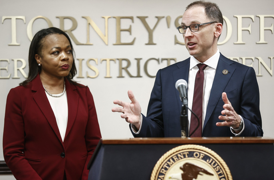 <strong>Kevin Ritz (right), U.S. Attorney for the Western District of Tennessee and Assistant Attorney General Kristen Clarke with the U.S. Justice Department&rsquo;s Civil Rights Division announced a sentencing decision in the case of a former Memphis Police Department officer.</strong> (Mark Weber/The Daily Memphian)