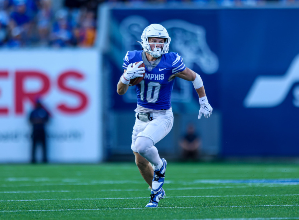 <strong>University of Memphis wide receiver Koby Drake (10) covers ground during the game&nbsp;against&nbsp;Bethune-Cookman on Saturday, Sept. 2, 2023 at Simmons Bank Liberty Stadium.</strong> (Wes Hale/Special to The Daily Memphian)
