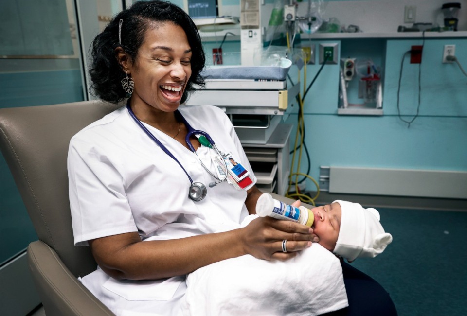 <strong>Bridget Brown, registered nurse, feeds 12-hour-old newborn Kingston Wood at The Women's &amp; Children's Pavilion at Methodist Le Bonheur Germantown Hospital on Sept. 4, 2023.</strong> (Mark Weber/The Daily Memphian)