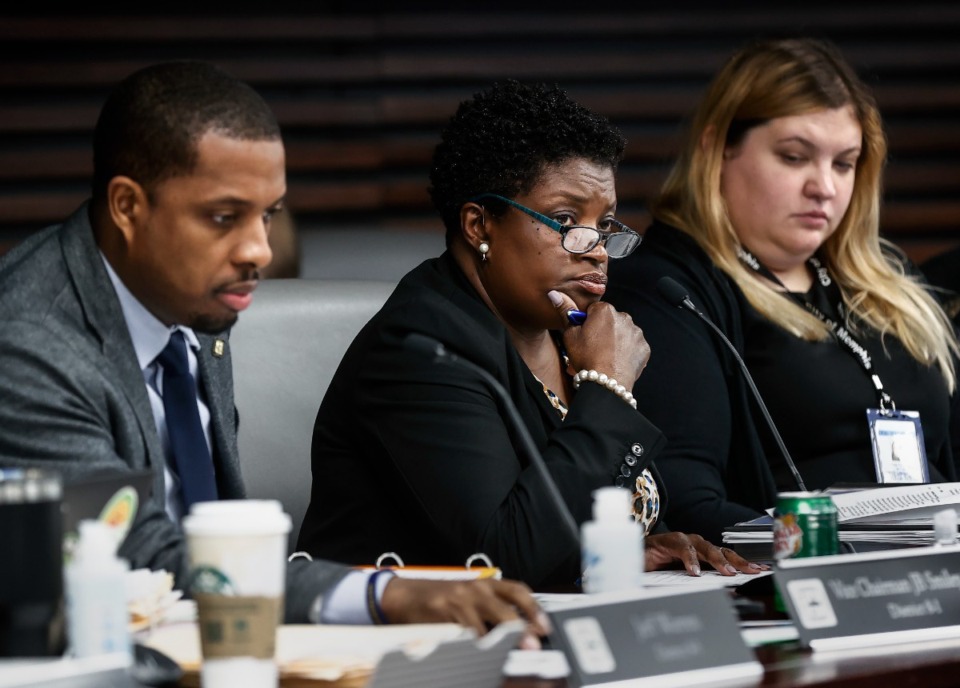 <strong>Memphis City Council member Rhonda Logan (middle) leads a committee session on crime statistics on Tuesday, Feb. 21, 2023.</strong> (Mark Weber/The Daily Memphian file)