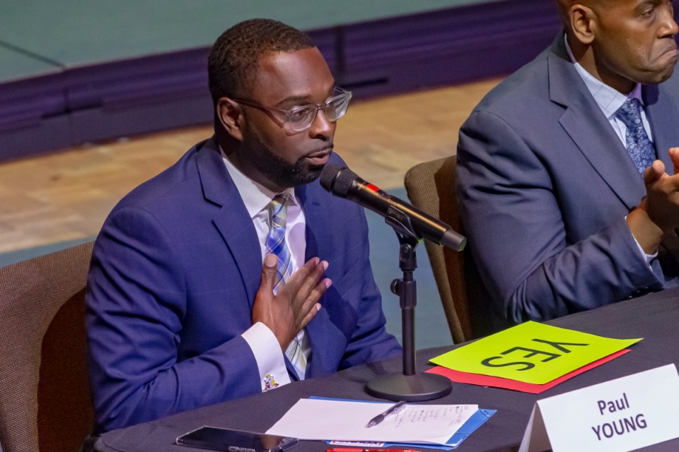 <strong>Mayoral candidate Paul Young speaks at the mayoral forum hosted by Mississippi Boulevard Christian Church in Midtown on Thursday, June 8, 2023.</strong> (The Daily Memphian file)