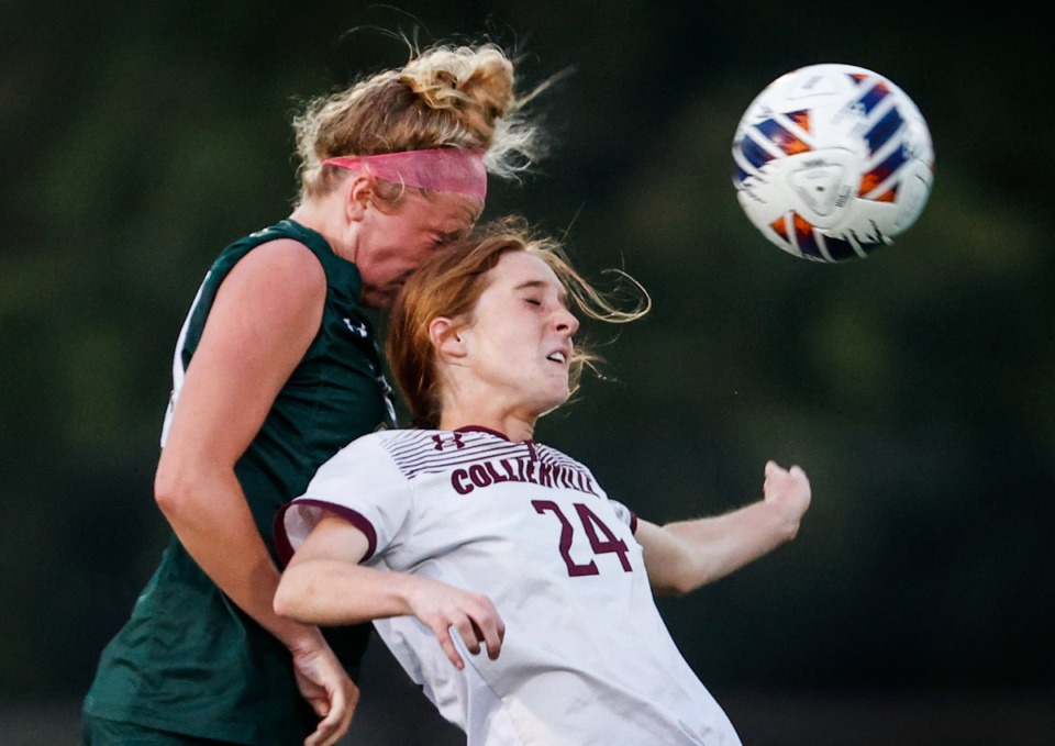 <strong>Briarcrest midfielder Carson Wells (left) battles Collierville&rsquo;s Presley Williams on Thursday, Sept. 7, 2023.</strong> (Mark Weber/The Daily Memphian)