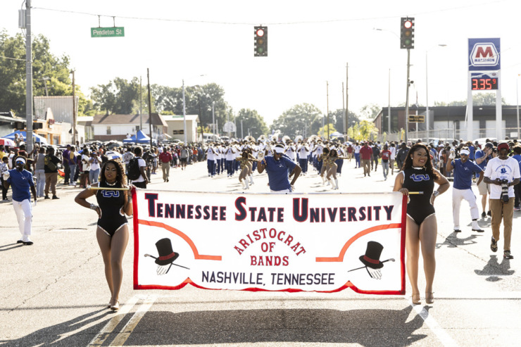<strong>Members of Tennessee State University participate in the Southern Heritage Classic parade through Orange Mound on Park Avenue.</strong> (Brad Vest/Special to The Daily Memphian)