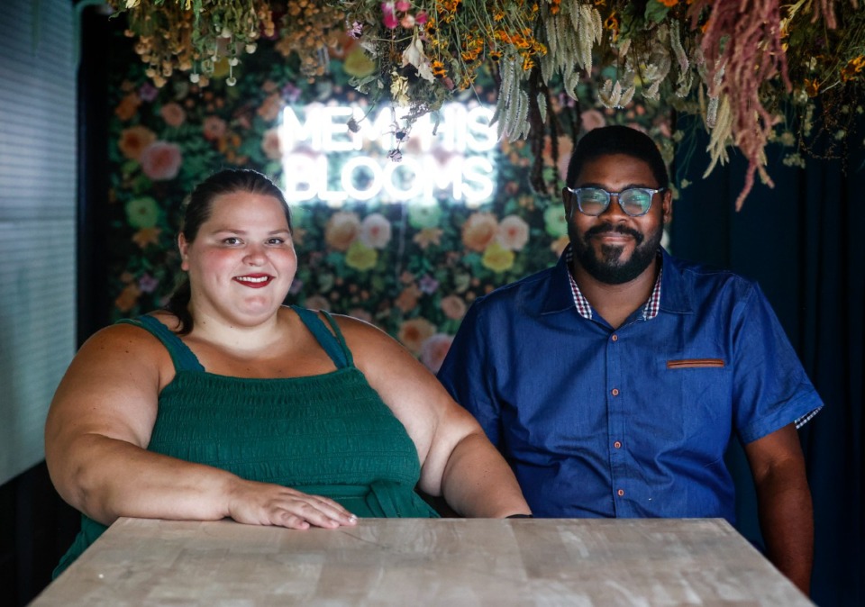 <strong>Midtown Bramble &amp; Bloom co-owners Marisa Mender-</strong><strong>Franklin (left) and husband Corey Franklin on Sept. 5, 2023.</strong> (Mark Weber/The Daily Memphian)