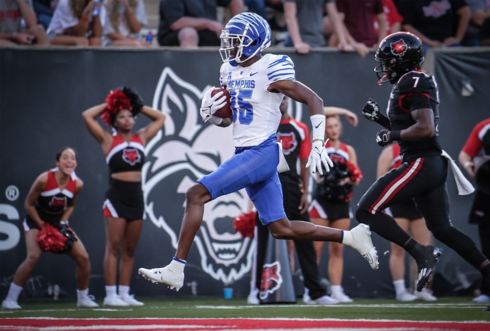 <strong>University of Memphis defensive back DJ Bell (35) runs an interception back for a touchdown during the first half of a Sept. 9, 2023 game at Arkansas State University.</strong> (Patrick Lantrip/The Daily Memphian)