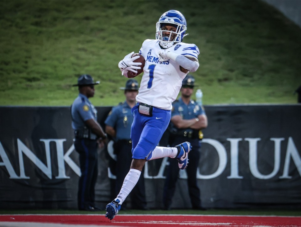 <strong>University of Memphis receiver Tauskie Dove (1) runs in for a touchdown during a Sept. 9, 2023 game at Arkansas State University.</strong> (Patrick Lantrip/The Daily Memphian)