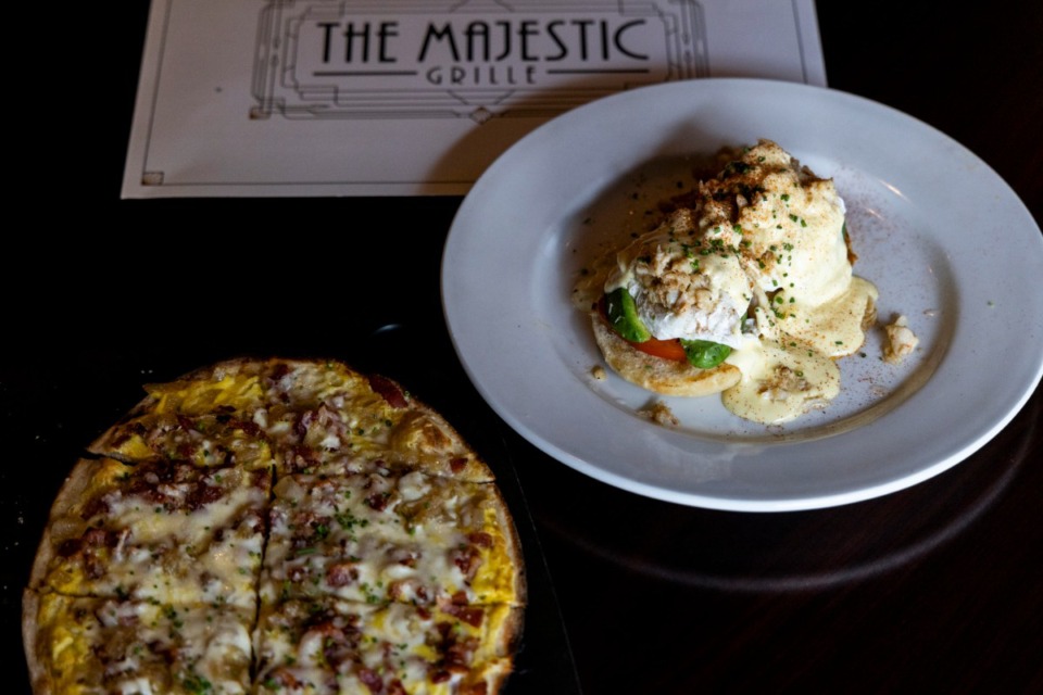 <strong>The flatbread carbonara, left, and crab benedict are two dishes available during The Majestic Grille&rsquo;s brunch service.</strong>&nbsp;(Brad Vest/Special to The Daily Memphian)