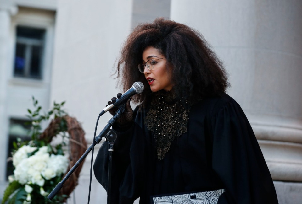 <strong>Shelby County Judicial Commissioner Shayla Purifoy speaks during a memorial for the late Supreme Court Associate Justice Ruth Bader Ginsburg on Monday, Sept. 21, 2020 on the step of the Judge D&rsquo;Army Bailey Courthouse.</strong> (Mark Weber/The Daily Memphian file)