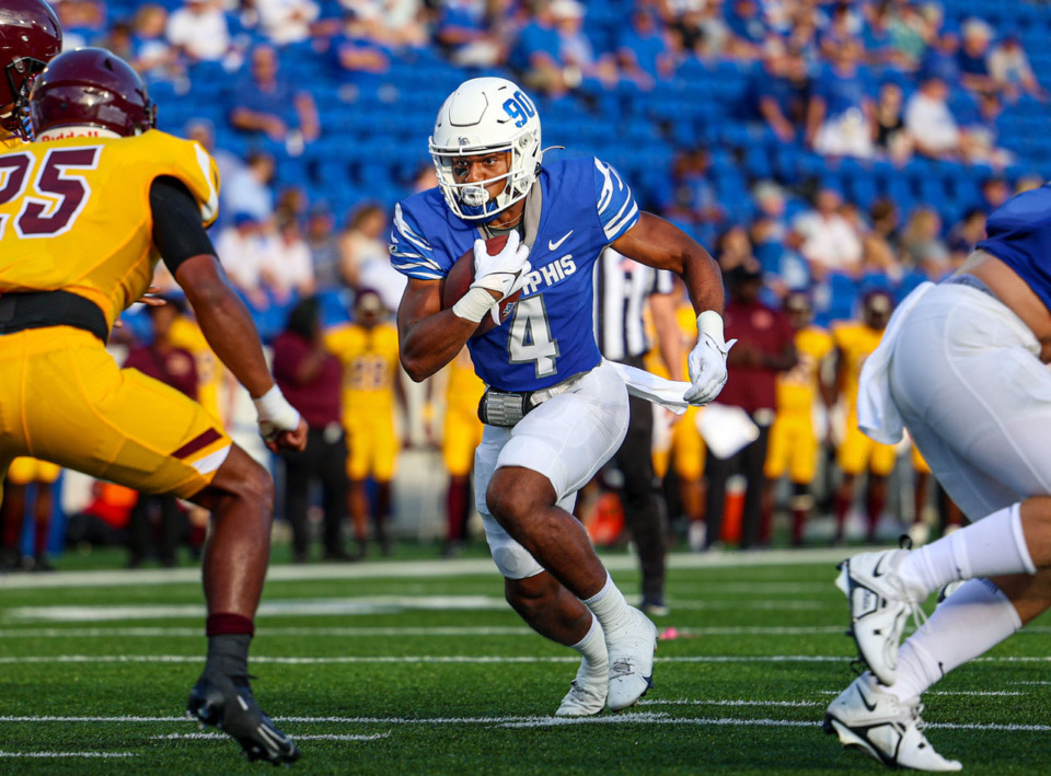 <strong>University of Memphis running back Blake Watson (4) during the Tigers game against Bethune-Cookman on Saturday Sept. 2, 2023 at Simmons Bank Liberty Stadium.</strong> (Wes Hale/Special to The Daily Memphian)
