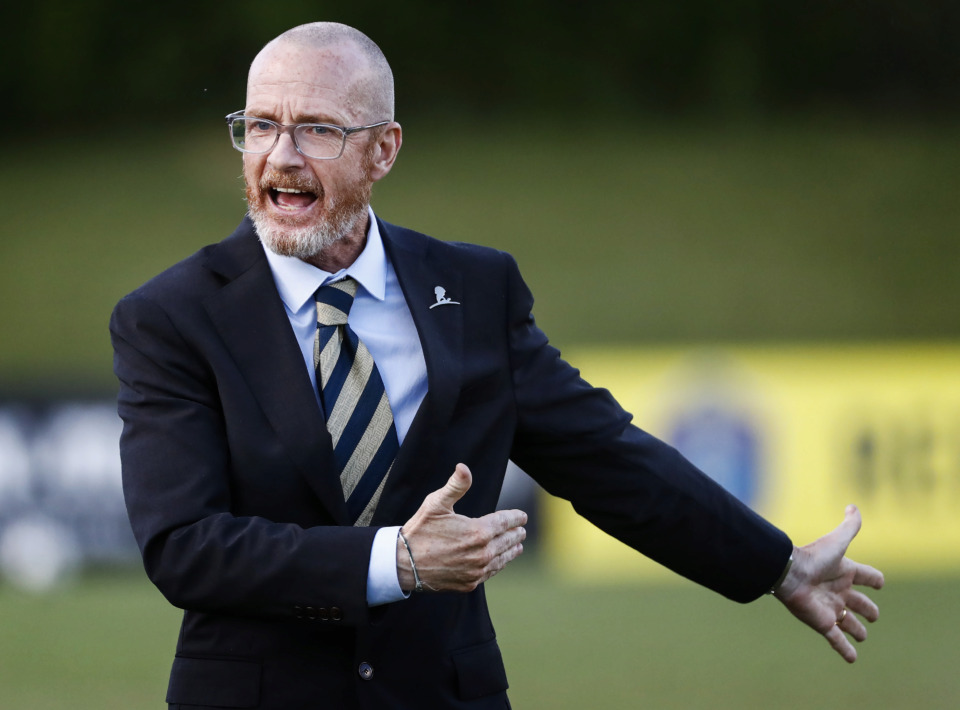 <strong>Memphis 901 FC head coach Tim Mulqueen yells at his team during action against Orlando City SC in their fourth-round Lamar Hunt U.S. Open Cup game at the Mike Rose Soccer Complex Wednesday, June 12, 2019.</strong> (Mark Weber/Daily Memphian)