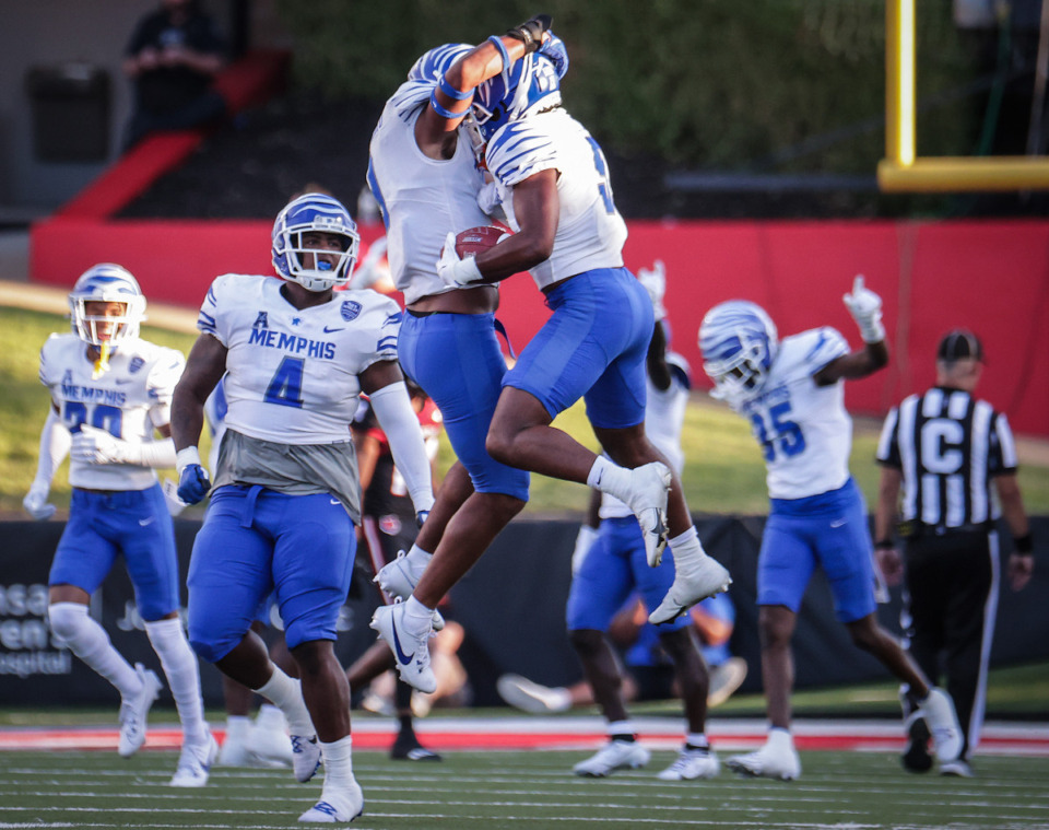 <strong>University of Memphis defensive back Simeon Blair (5) celebrates a fumble recovery during the first half of a Sept. 9, 2023 game at Arkansas State University.</strong> (Patrick Lantrip/The Daily Memphian)