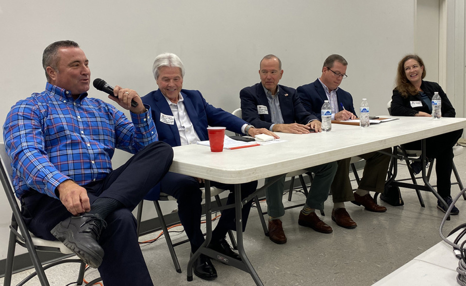 <strong>(Right to left) Mike Wissman, Harold Byrd, Blake Swaggert, Aaron Stewart and Gwyn Fisher talk economic development at Arlington Chamber of Commerce luncheon Wednesday, Sept. 13.</strong> (Michael Waddell/Special to The Daily Memphian)