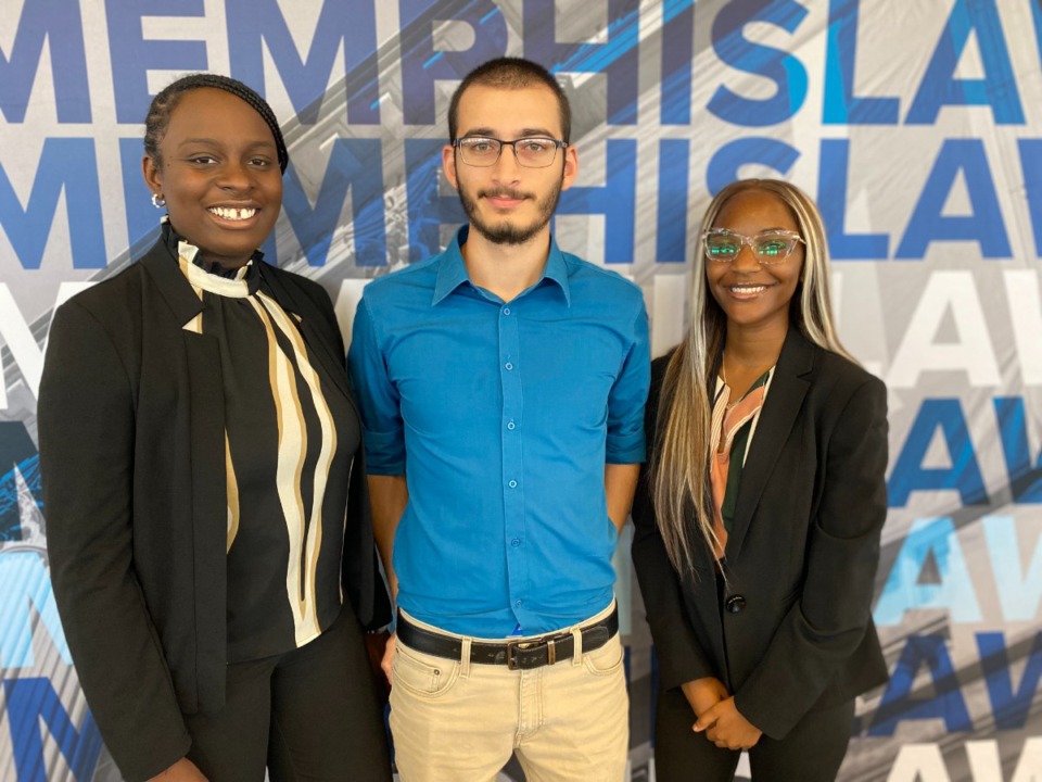 <strong>Three of the four students enrolled in the coursework and clinic are (from left) Micah Traylor, Fares Elkhayyat and Rajanae Jones. All are in their last year of law school here.</strong> (Courtesy/U of M Cecil C. Humphreys School of Law)&nbsp;