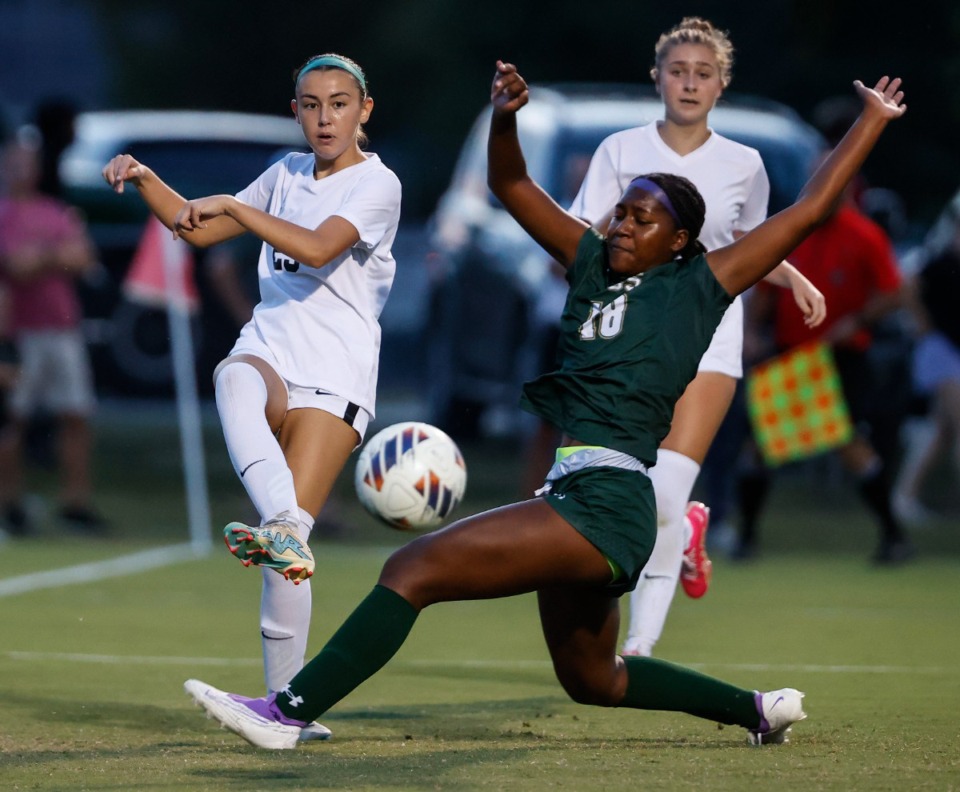 <strong>Houston&rsquo;s Allie Ross (left) clears the ball in front of Briarcrest forward Madeline Carter (right) on Wednesday, Sept. 13, 2023.</strong> (Mark Weber/The Daily Memphian)
