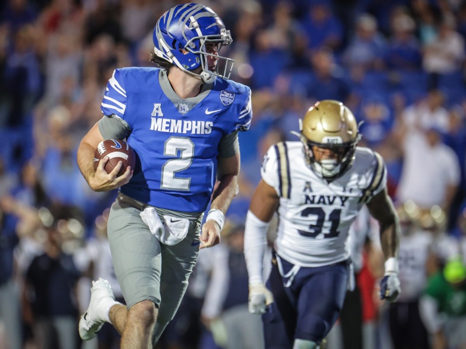 <strong>University of Memphis quarterback Seth Henigan (2) runs in for a touchdown during a Sept. 14, 2023 game against Navy at Simmons Bank Liberty Stadium.</strong> (Patrick Lantrip/The Daily Memphian)