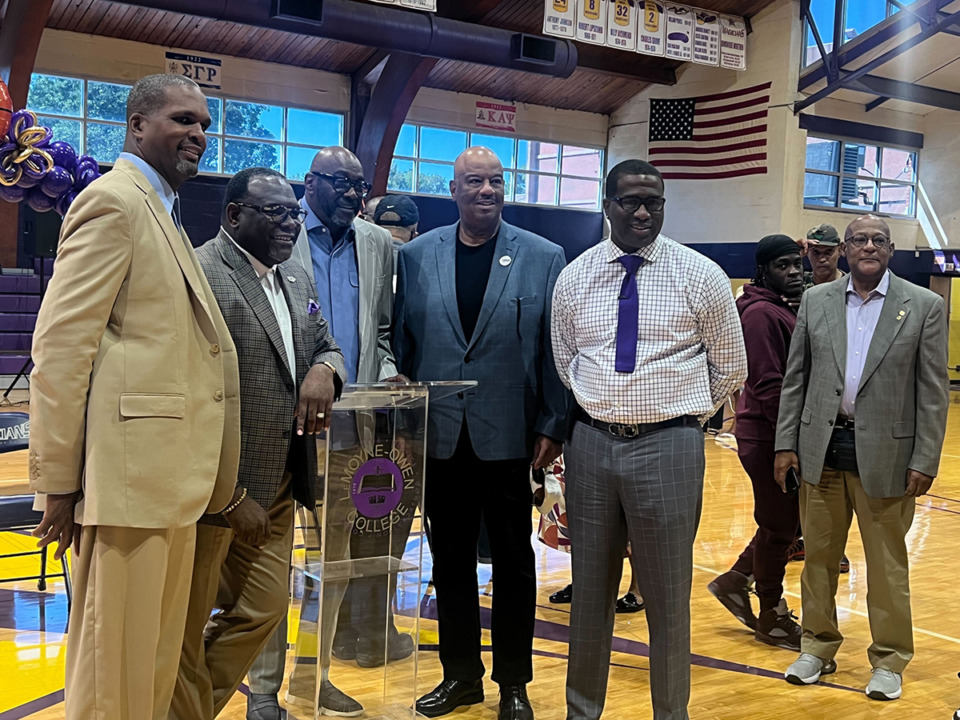 <strong>LeMoyne-Owen hosted a press conference Friday announcing Antonio Harris (in white checked shirt with tie) as the new head men&rsquo;s basketball coach.&nbsp;</strong>(Symone Maxwell/The Daily Memphian)