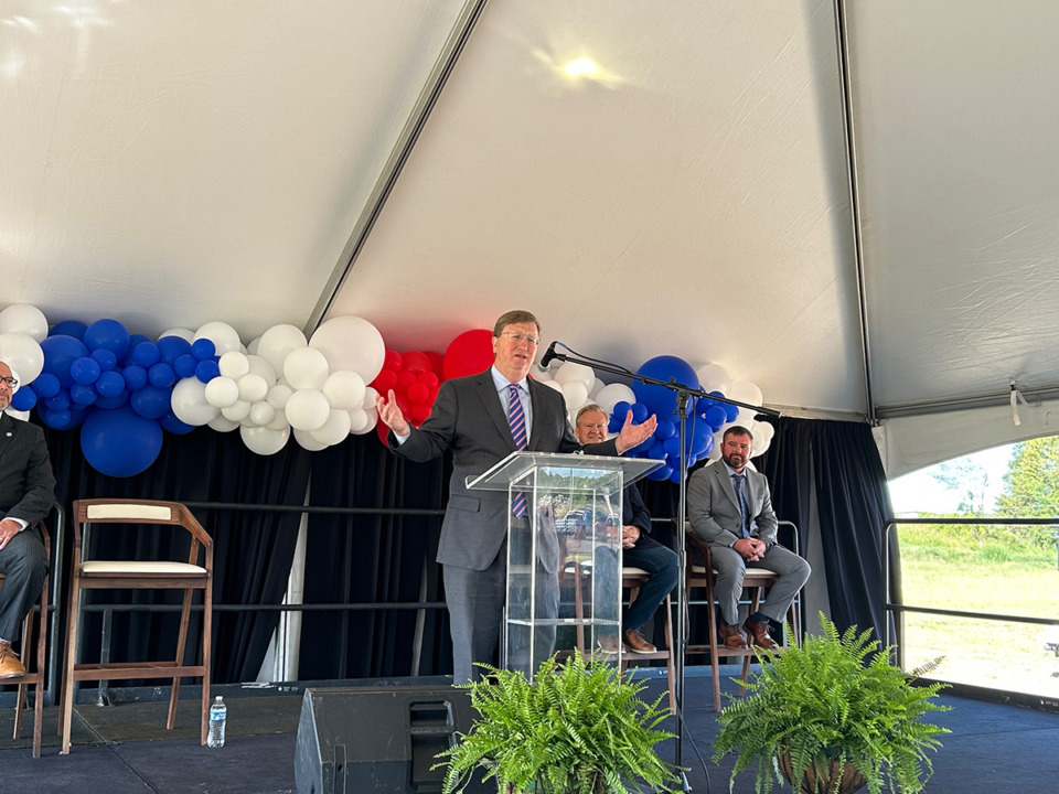 <strong>Mississippi Gov. Tate Reeves speaks during a groundbreaking ceremony for OSB Services in Olive Branch Friday, Sept. 15.</strong> (Beth Sullivan/The Daily Memphian)