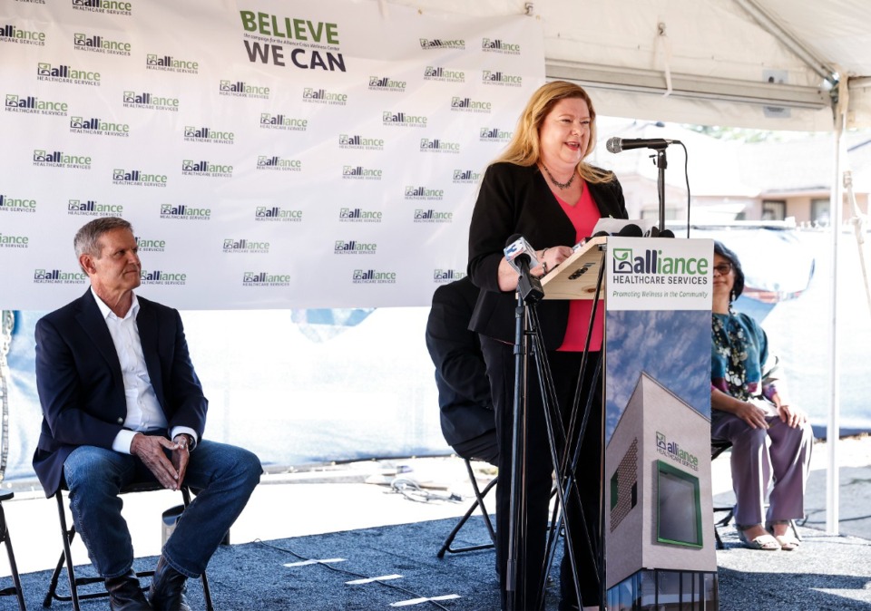 <strong>Gov. Bill Lee listens as Laurie Powell, (right) CEO of Alliance Healthcare Services speaks during a ground breaking ceremony for the Alliance Healthcare Services on Friday, Sept. 15, 2023.</strong> (Mark Weber/The Daily Memphian)