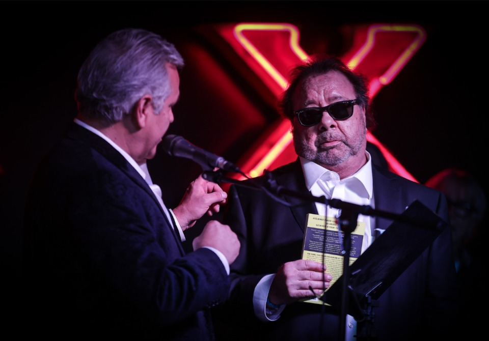 <strong>Ron Childers (left) introduces Drake Hall during a ceremony dedicating a musical note on Beale Street to radio personalities Drake and Zeke Sept. 16, 2023</strong>. (Patrick Lantrip/The Daily Memphian)