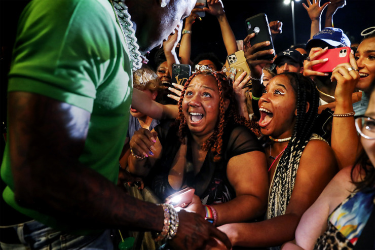 <strong>Fans react after getting close to DaBaby during the first day of Beale Street Music Festival Friday, April 29, 2022, at Liberty Park.</strong> (Mark Weber/The Daily Memphian file)
