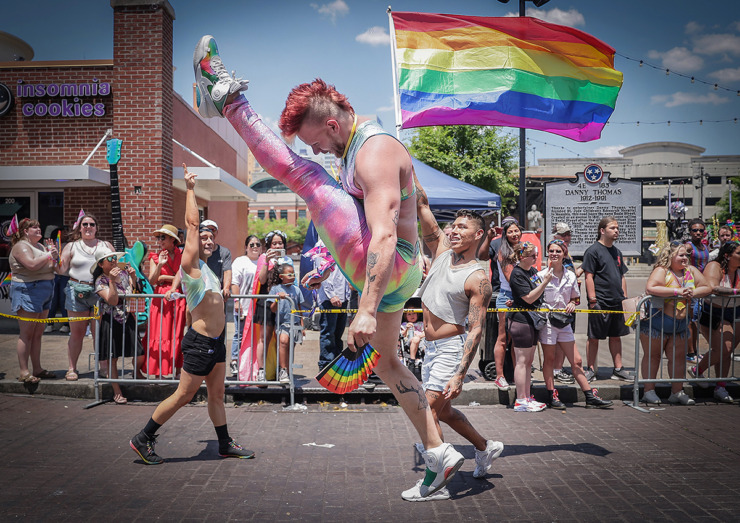 <strong>A performer does a high kick during the Memphis Pride Parade June 3, 2023.</strong> (Patrick Lantrip/The Daily Memphian file)