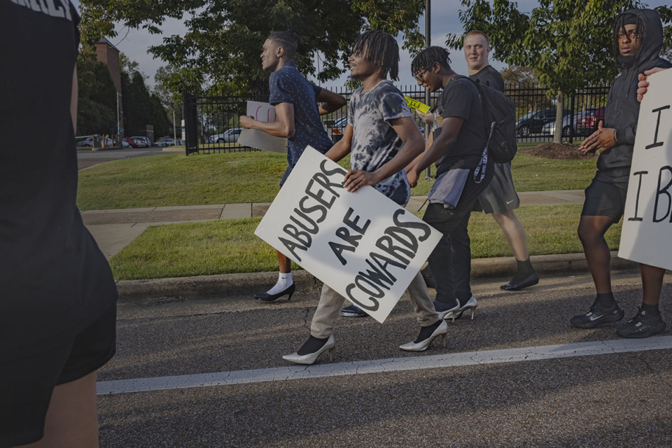 <strong>Participants rally against domestic violence during the 12th annual Memphis Walk a Mile in Her Shoes march at University of Memphis Tuesday, Sept. 19, 2023.</strong> (Ziggy Mack/Special to The Daily Memphian)