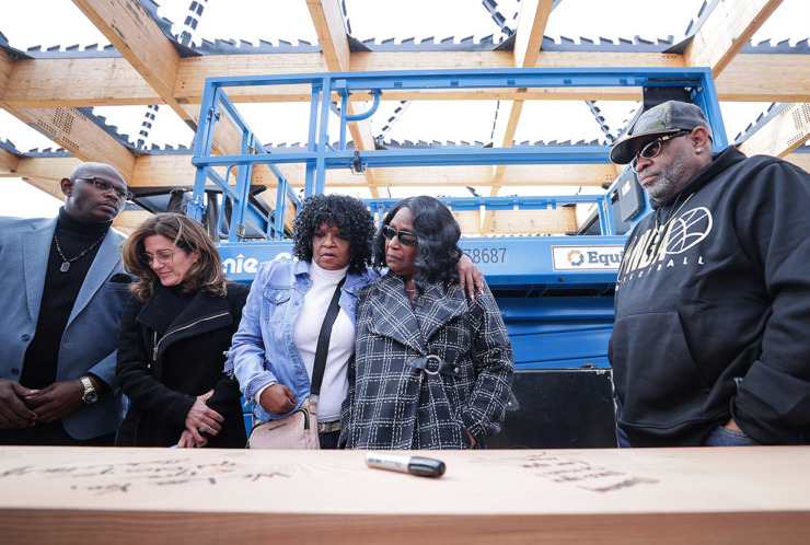 <strong>RowVaughn Wells (center) is comforted by family members at the dedication of the pavilion in Tom Lee Park, named in honor of her son, Tyre Nichols, on Feb. 10, 2023.</strong> (Patrick Lantrip/The Daily Memphian file)