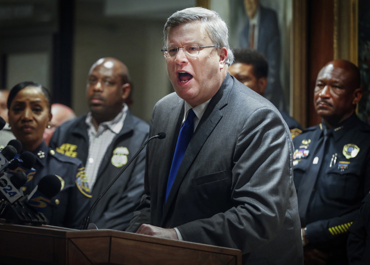 <strong>Memphis Mayor Jim Strickland angrily slaps the podium during a midnight press conference on Thursday, Sept. 8, 2022. On Wednesday evening, a gunman terrorized Memphis on a shooting spree throughout the city.</strong> (Mark Weber/The Daily Memphian file)