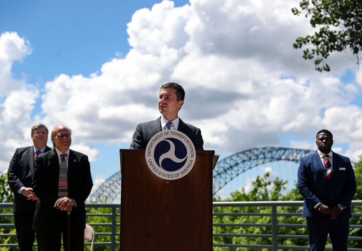 <strong>Secretary of Transportation Pete Buttigieg speaks about the broken Hernando-Desoto Bridge at an event in Downtown Memphis June 3, 2021. A crack discovered on the bridge Tuesday, May 11, shut down all lanes of Interstate 40 traffic crossing over the Mississippi River from Memphis into Arkansas. The closure lasted until July 31.</strong> (Patrick Lantrip/Daily Memphian)