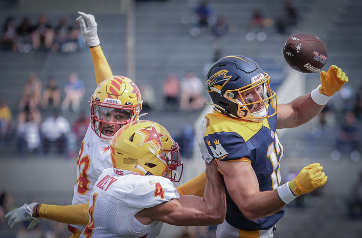 <strong>Memphis Showboats receiver Vinny Papale (13) tries to haul in a pass during an April 15, 2023, game against the Philadelphia Stars.</strong> (Patrick Lantrip/The Daily Memphian file)