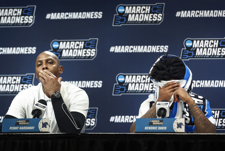 <strong>Dejected University of Memphis head coach Penny Hardaway (left) and guard Kendric Davis speak to the media after falling to Florida Atlantic University in their NCAA tournament game on Friday, March 17, 2023, in Columbus, Ohio.</strong> (Mark Weber/The Daily Memphian file)