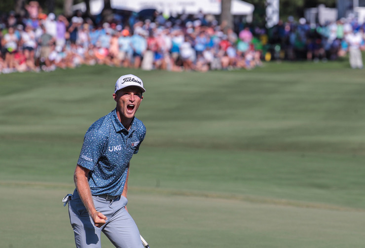 <strong>Will Zalatoris celebrates after sinking a putt on the 18th hole to force a playoff at the FedEx St. Jude Championship at TPC Southwind on Aug. 14, 2022. Zalatoris would go on to defeat Sepp Straka for his first career PGA Tour victory.</strong> (Patrick Lantrip/The Daily Memphian file)